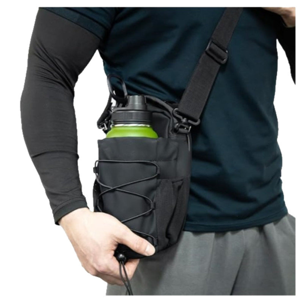 Magnetic Gym Crossbody Bottle Bag shown with gym essentials