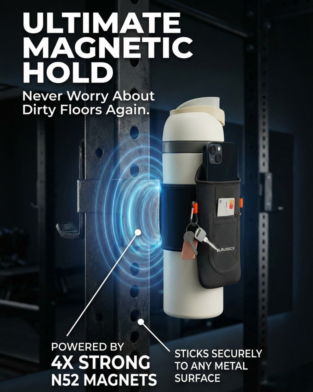 BLAUBECK magnetic bottle sleeve storage and carry infographic