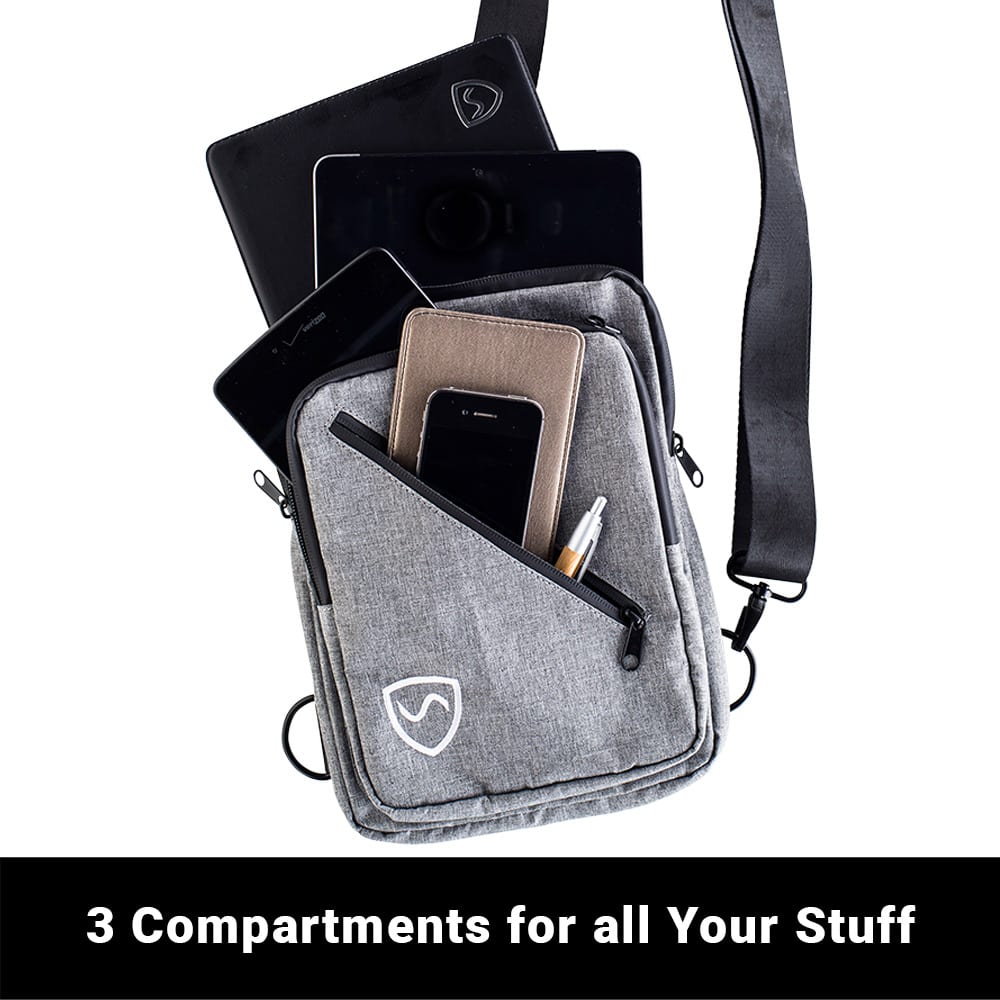 SYB Sling Bag shown with everyday essentials inside